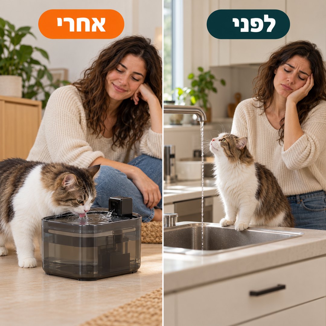 מזרקת מים אלחוטית לחתולים: לפני ואחרי